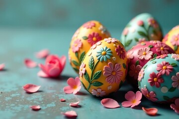 Fototapeta premium Close-up of intricately decorated Easter eggs , colorful, painted eggs