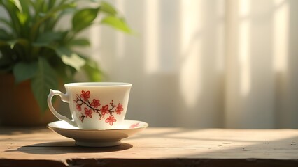 Fototapeta premium Elegant Tea Cup with Floral Design on Wooden Table in Sunlight