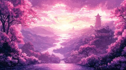 Serene Pink Sunset over Pagoda and Cherry Blossoms