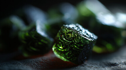 Exposure of moldavite stone with intricate green patterns