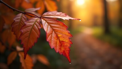 Autumnal leaf with water drop in warm light forest environment featuring orange and red foliage with a trail