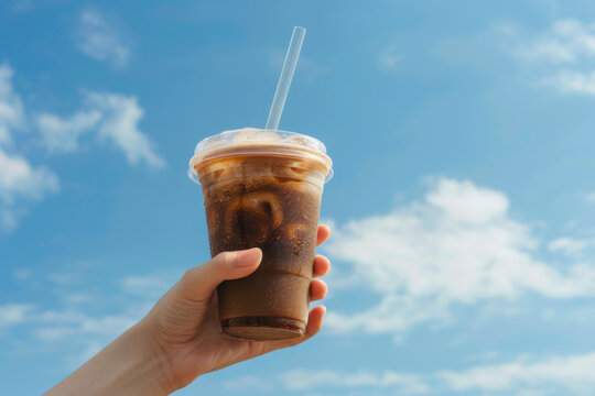 A hand holding a cold iced coffee in a plastic cup with a straw against a bright blue sky.
