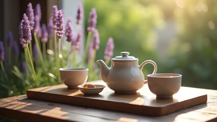 Aromatic tea set with lavender on a wooden table in the sunlight. Includes a teapot, cups, and honey.