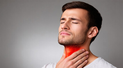 Man suffe from a sore throat is holding his neck in discomfort because of the pain he feels.