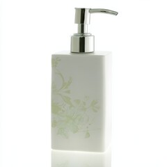 Obraz premium Elegant white soap dispenser with floral design and silver pump, ideal for modern bathroom decor and hospitality settings, minimalist aesthetic, and stylish touch