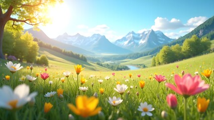 Fototapeta premium Picturesque Mountain Landscape with Wildflowers in Full Bloom Under a Sunny Sky