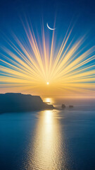 Sunrise over tranquil ocean, vibrant colors.