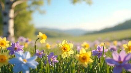 Fototapeta premium Spring meadow with colorful wildflowers. Daffodils and other flowers blooming in a peaceful landscape.