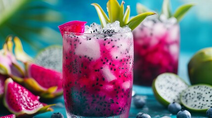 Refreshing Dragon Fruit Summer Cocktail Recipe Iced Drink Blueberries Tropical Pineapple Vibrant Pink Purple Delicious Beverage Cool Summertime       