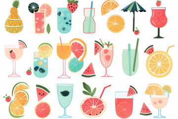 Colorful illustration of various tropical fruits and drinks, including watermelon, banana, and cocktails, on a beige background.