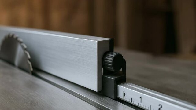Table saw fence adjustment in woodwork workshop for precise cutting and safety with metal fence knob control