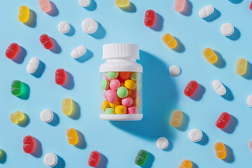 Colorful pills and gummy candies scattered on blue background a bottle of round pills in the center