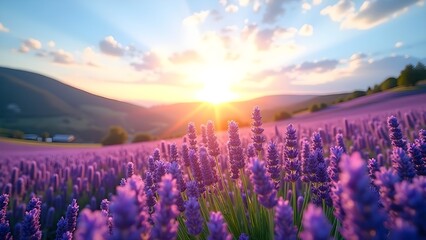Fototapeta premium Purple Haze: Lavender Field at Sunset with Rolling Hills and Cloudscape - Aromatic, Floral, and Scenic Landscape