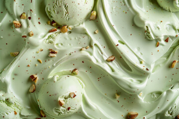 Fototapeta premium Close-up of creamy pistachio ice cream with chopped pistachio nuts, showcasing its smooth texture and rich flavor.