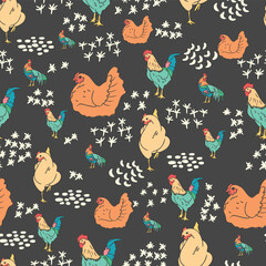 Whimsical Chicken and Rooster Vector Seamless Pattern for Farm Inspired Projects