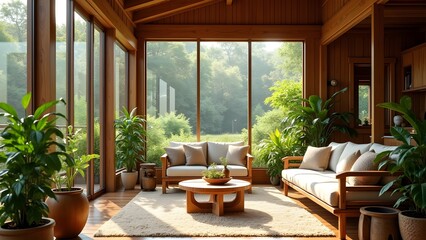 Fototapeta premium Serene Interior with Wooden Design, Plants, and View to Nature