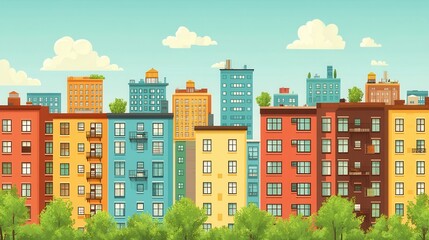 Obraz premium Vibrant urban landscape featuring colorful cartoon buildings against a bright sky with gentle clouds showcasing city architectural diversity