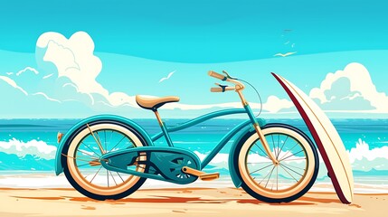 Fototapeta premium Beach bike and surfboard illustration