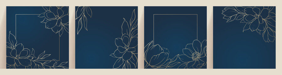 Golden flowers drawn with line, contour on blue background. Vector set of abstract luxury golden square cards, Elegant wedding invitation card with flowers. Nature card in minimal line style.