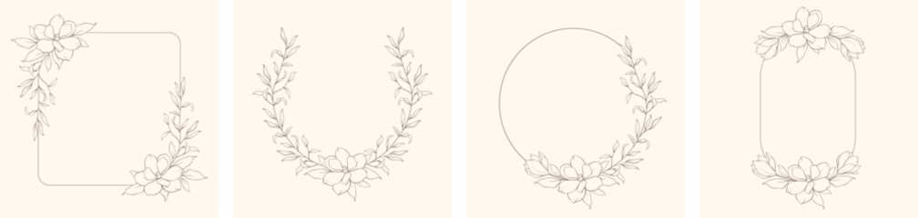 Hand drawn line floral frame, corner. Minimal botanical wedding border element. Set of wreath, magnolia flowers, eucalyptus leaf branches, tropical leaves, plant, wildflower. Elegant floral logo.