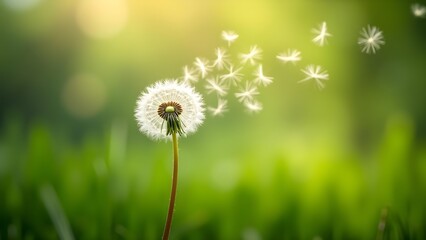 Dandelion seeds blowing in the wind on a sunny green field with blurred background - dreamy summer scene