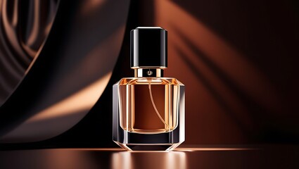 Naklejka premium Luxury perfume bottle on golden silk fabric background with black cap and elegant glass design for premium fragrance advertising, branding, packaging, and high-end cosmetic promotions