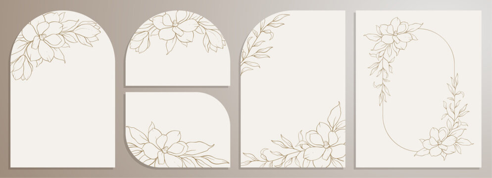 Luxury arch wedding invitation card, label with golden botanical leaves, flowers. Abstract floral art background vector design for wedding, business, birthday, postcards, covers. Line art style.