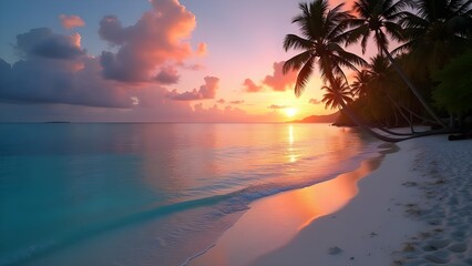 Idyllic Tropical Beach Sunset with Palm Trees, sand and ocean view. Scenic coastal landscape.