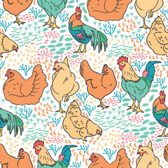 Whimsical Chicken and Rooster Vector Seamless Pattern for Farm Inspired Projects