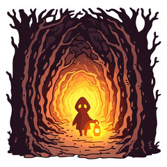 Mystery person in a hooded cloak with oil lamp lantern standing on a road in a dark black spooky forest tunnel at night, doodle cartoon character, kawaii isolated cute and simple vector illustration