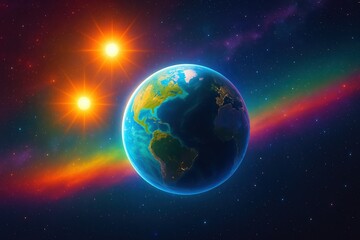 Fototapeta premium Cosmic wonders unveil a vibrant view of Earth illuminated by twin suns in a breathtaking galaxy Generative AI