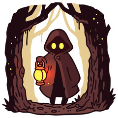 Mystery person in a hooded cloak with oil lamp lantern standing in a dark black spooky forest at night, doodle cartoon character, kawaii isolated cute clean and simple vector illustration