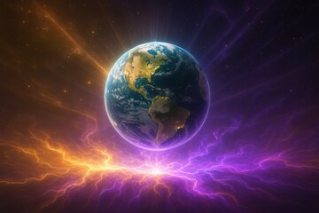 Fototapeta premium Vibrant cosmic energy envelops Earth showcasing swirling colors and lights in a stunning celestial display Generative AI