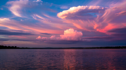 Naklejka premium Dramatic sunset over a lake. Pink and purple clouds. Calm water.