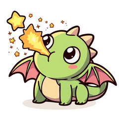 Lovely cute green baby dragon breathing fire, doodle cartoon character, kawaii isolated clean and simple vector illustration