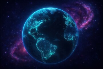 Naklejka premium Vibrant cosmic view of Earth illuminated by glowing data networks in a vast universe at night Generative AI