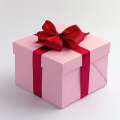 Obraz premium Elegant pink gift box with red ribbon on a clean white background, perfect for celebrations, parties, or special occasions