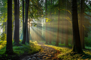 Sunlight streams through misty forest path.