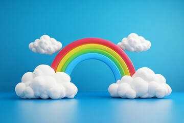Colorful 3D cartoon-style rainbow arching between two fluffy white clouds against a bright blue background, symbolizing joy, imagination, and positivity