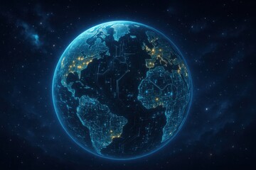 Fototapeta premium Illuminated globe showcasing vibrant city lights against a vast cosmic backdrop during a serene night Generative AI