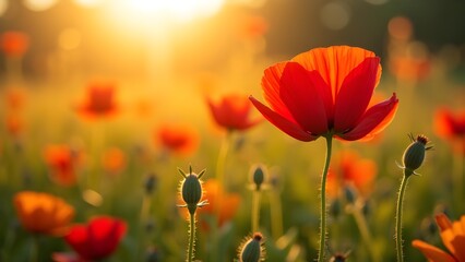 Fototapeta premium Radiant Poppies: A Field Ablaze with Sunset Hues