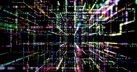 3D abstraction with cubes symbolizing quantum computing, blockchain and server technologies. Futuristic design reflecting big data processing and artificial intelligence.