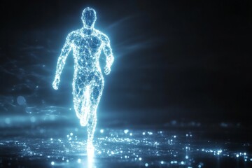Futuristic glowing digital human figure running in cyberspace with light trails and neural grid pattern