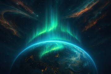 Obraz premium Dazzling auroras dance across the night sky above Earth, illuminating the cosmos with vibrant colors and celestial beauty Generative AI