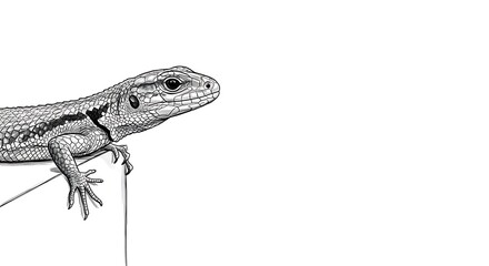 Fototapeta premium black and white minimalist sketch, lizard perched on the left edge of a table, with empty space on the right for text. ,isolated on bright background, no text, ultra sharp detailed