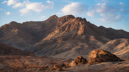 Naklejka premium Rugged mountain landscape, dramatic colors, rocky terrain.