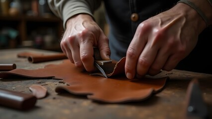 Obraz premium Craftsman cutting piece of brown leather with a sharp tool in workshop, handmade product, small business