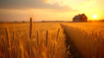 Obraz premium Golden Wheat Field at Sunset: A Breathtaking Countryside Landscape with Farmhouse and Warm Light