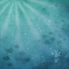 Underwater illustration with teal and blue watercolor textures, sun rays, fish silhouettes, bubbles, and coral. Dreamy ocean background ideal for children’s art, posters, invitation, creative project. © MedReda