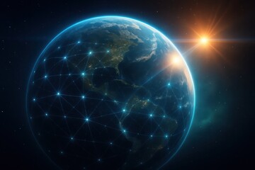 Naklejka premium Exploring the interconnected globe bathed in sunlight and vibrant energy from the stars above Generative AI
